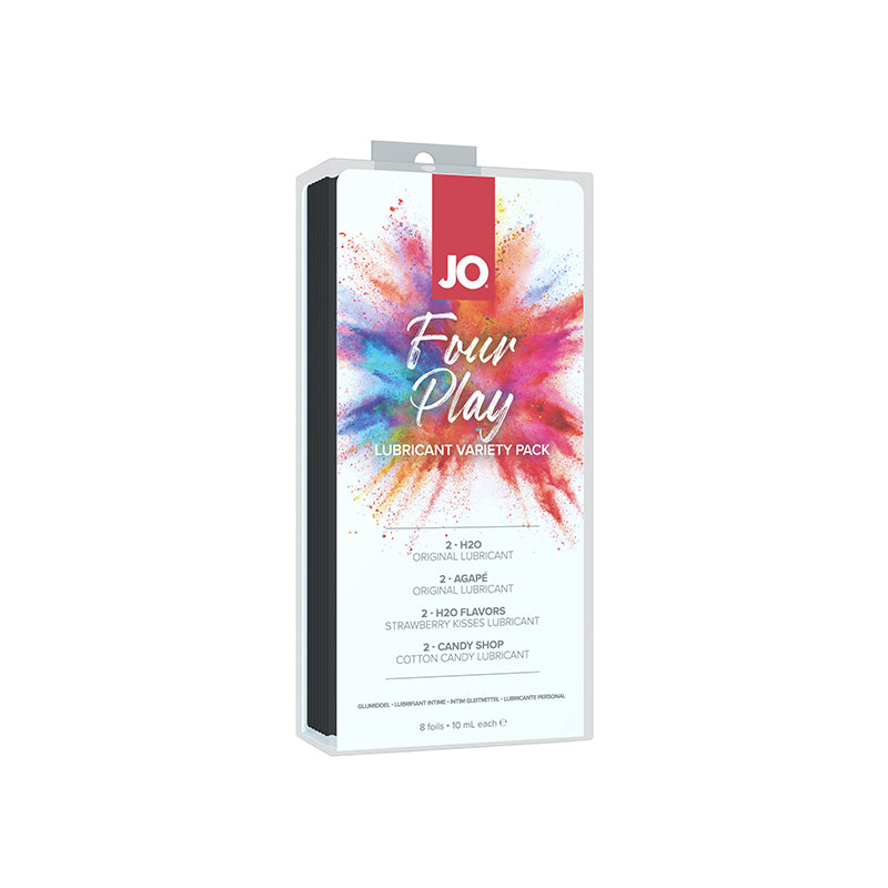 JO Four Play Water-Based Lubricant Variety pack featuring four flavored and original lubricants in a sleek design.